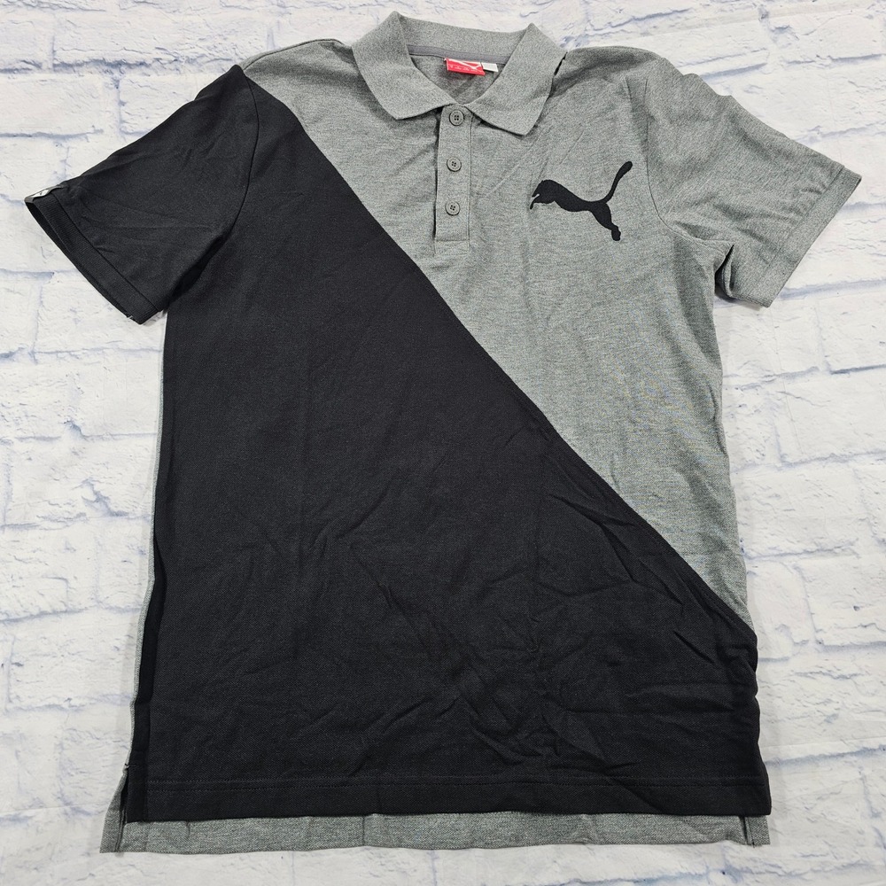 Puma Polo Shirt Mens S Gray Black Diagonal Colorblock Sportstyle Collared